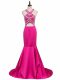 Dramatic Hot Pink Sleeveless Beading Backless Prom Party Dress