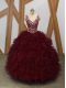 V-neck Sleeveless Backless Sweet 16 Dresses Burgundy Organza