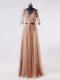 Luxurious Half Sleeves Tulle Floor Length Zipper Prom Party Dress in Brown with Lace and Appliques