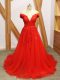 Coral Red Sleeveless Brush Train Lace and Appliques Prom Evening Gown