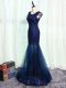 Beauteous Sleeveless Floor Length Beading and Lace and Appliques Zipper Evening Dress with Navy Blue
