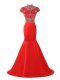 Decent Halter Top Short Sleeves Satin Prom Dresses Beading Sweep Train Zipper