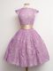 Superior Ball Gowns Dama Dress for Quinceanera Lilac High-neck Lace Cap Sleeves Knee Length Lace Up