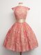 Admirable Watermelon Red Cap Sleeves Knee Length Belt Lace Up Quinceanera Court Dresses