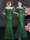 Mermaid Dress for Prom Green Off The Shoulder Lace Half Sleeves Floor Length Lace Up