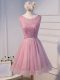 Vintage Pink A-line Tulle Scoop Sleeveless Beading and Belt Mini Length Lace Up Evening Dress