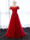 Glorious Lace and Appliques Prom Evening Gown Red Lace Up Short Sleeves Floor Length
