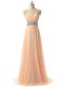 Designer Floor Length Empire Cap Sleeves Peach Prom Evening Gown Lace Up