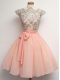 Lovely Cap Sleeves Chiffon Knee Length Zipper Quinceanera Dama Dress in Peach with Lace and Belt