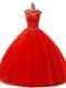 Floor Length Red Ball Gown Prom Dress Scoop Sleeveless Lace Up