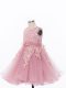 Vintage Pink Tulle Zipper Scoop Sleeveless Knee Length Toddler Flower Girl Dress Appliques and Hand Made Flower