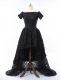 Custom Made Short Sleeves Zipper High Low Lace Prom Dresses