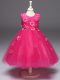 Hot Pink Ball Gowns Tulle Scoop Sleeveless Appliques and Bowknot Knee Length Zipper Little Girl Pageant Dress