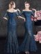 Mermaid Off The Shoulder Half Sleeves Lace Up Dress for Prom Navy Blue Lace