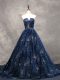Navy Blue Prom Party Dress Prom and Military Ball with Beading V-neck Sleeveless Brush Train Lace Up