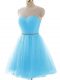 Unique Aqua Blue Lace Up Scoop Beading and Ruching Dress for Prom Tulle Sleeveless