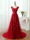 Popular Red Lace Up Dress for Prom Lace and Appliques Cap Sleeves Brush Train