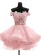 Pink Off The Shoulder Neckline Lace and Appliques and Ruffles Homecoming Dress Sleeveless Zipper