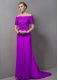 High End Purple Zipper Off The Shoulder Lace Prom Party Dress Chiffon Short Sleeves Sweep Train