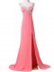 Flirting Watermelon Red Chiffon Zipper Sweetheart Cap Sleeves Prom Gown Brush Train Beading and Appliques