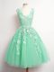Exceptional Apple Green A-line Tulle V-neck Sleeveless Lace Knee Length Lace Up Damas Dress