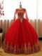 Red Ball Gowns Organza Scoop Long Sleeves Appliques Floor Length Lace Up Sweet 16 Dress