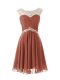 Chiffon Scoop Cap Sleeves Zipper Beading Prom Party Dress in Brown