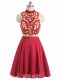 Red A-line Chiffon Halter Top Sleeveless Beading Mini Length Backless Prom Evening Gown
