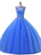 Glittering Blue Sleeveless Tulle Lace Up Quinceanera Gown for Military Ball and Sweet 16 and Quinceanera