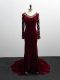 Brush Train Column/Sheath Dress for Prom Burgundy V-neck Elastic Woven Satin Long Sleeves Zipper