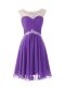 Graceful Eggplant Purple Chiffon Zipper Scoop Cap Sleeves Knee Length Prom Party Dress Beading
