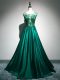 Custom Designed Beading and Lace and Appliques and Embroidery Prom Gown Dark Green Backless Sleeveless Brush Train