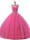 Spectacular Hot Pink Ball Gowns Beading and Lace Quinceanera Gown Lace Up Tulle Sleeveless Floor Length