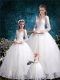 Elegant Half Sleeves Tulle Floor Length Lace Up 15th Birthday Dress in White with Lace