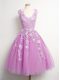 Glamorous Lilac A-line V-neck Sleeveless Tulle Knee Length Lace Up Appliques Quinceanera Court of Honor Dress
