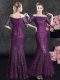 Mermaid Prom Party Dress Purple Off The Shoulder Lace Half Sleeves Floor Length Lace Up