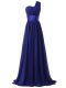 High Class Royal Blue Chiffon Lace Up One Shoulder Sleeveless Floor Length Damas Dress Ruching