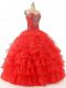 Nice Floor Length Lace Up 15th Birthday Dress Red for Sweet 16 and Quinceanera with Beading and Ruffled Layers