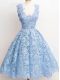 Sleeveless Knee Length Lace Zipper Dama Dress for Quinceanera with Light Blue