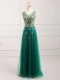 Dark Green Empire V-neck Sleeveless Tulle Floor Length Zipper Lace Prom Gown