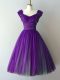 Sexy Purple A-line Chiffon V-neck Cap Sleeves Ruching Knee Length Lace Up Quinceanera Court of Honor Dress