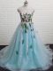 Attractive Aqua Blue Scoop Backless Appliques Prom Evening Gown Brush Train Sleeveless