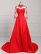 Custom Designed Red Prom Dress Prom and Party and Military Ball with Lace and Appliques High-neck Long Sleeves Brush Train Backless