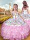 Sweet Organza and Taffeta Straps Sleeveless Lace Up Embroidery and Ruffled Layers Little Girls Pageant Gowns in Rose Pink