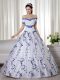 Dramatic Floor Length White Quinceanera Dresses Organza Short Sleeves Embroidery