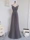 Amazing Grey Column/Sheath Chiffon Straps Cap Sleeves Lace and Ruching Zipper Dama Dress for Quinceanera Brush Train