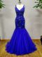 Sleeveless Tulle Brush Train Criss Cross Prom Party Dress in Royal Blue with Beading