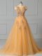Gold Lace Up Scoop Appliques and Pattern Prom Gown Tulle Sleeveless Brush Train