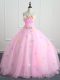 Top Selling Pink Strapless Lace Up Appliques and Hand Made Flower Ball Gown Prom Dress Sleeveless