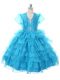 Lovely Halter Top Sleeveless Little Girl Pageant Gowns Floor Length Beading and Ruffled Layers and Bowknot Baby Blue Organza